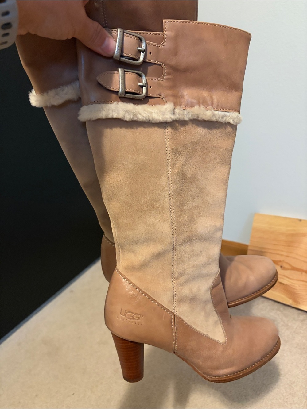 UGG Chestnut Shearling-Trim Knee Boots with Buckles